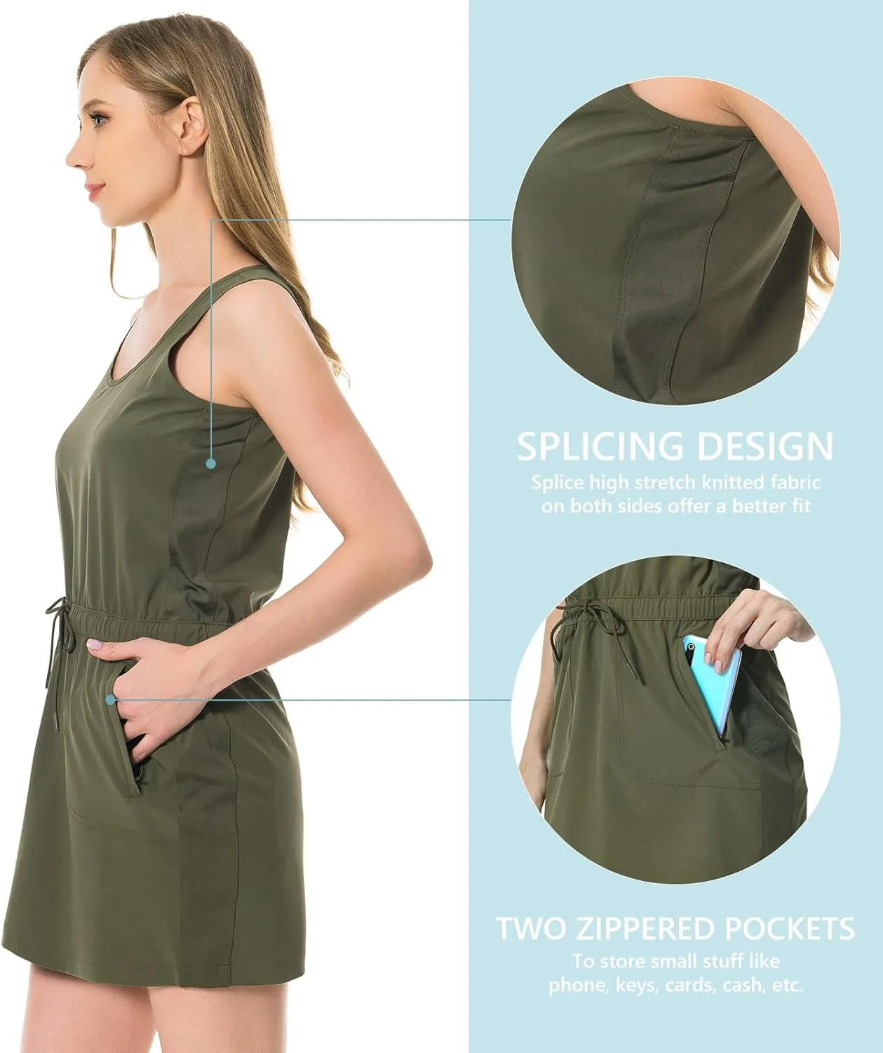 Lightbare Women’s UPF 50  Tank Dress with Pockets Detachable Shorts Drawstring Waist Quick Dry for Hiking Camping Outdoors