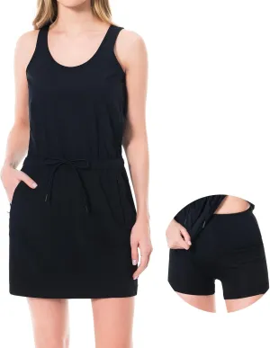 Lightbare Women’s UPF 50  Tank Dress with Pockets Detachable Shorts Drawstring Waist Quick Dry for Hiking Camping Outdoors