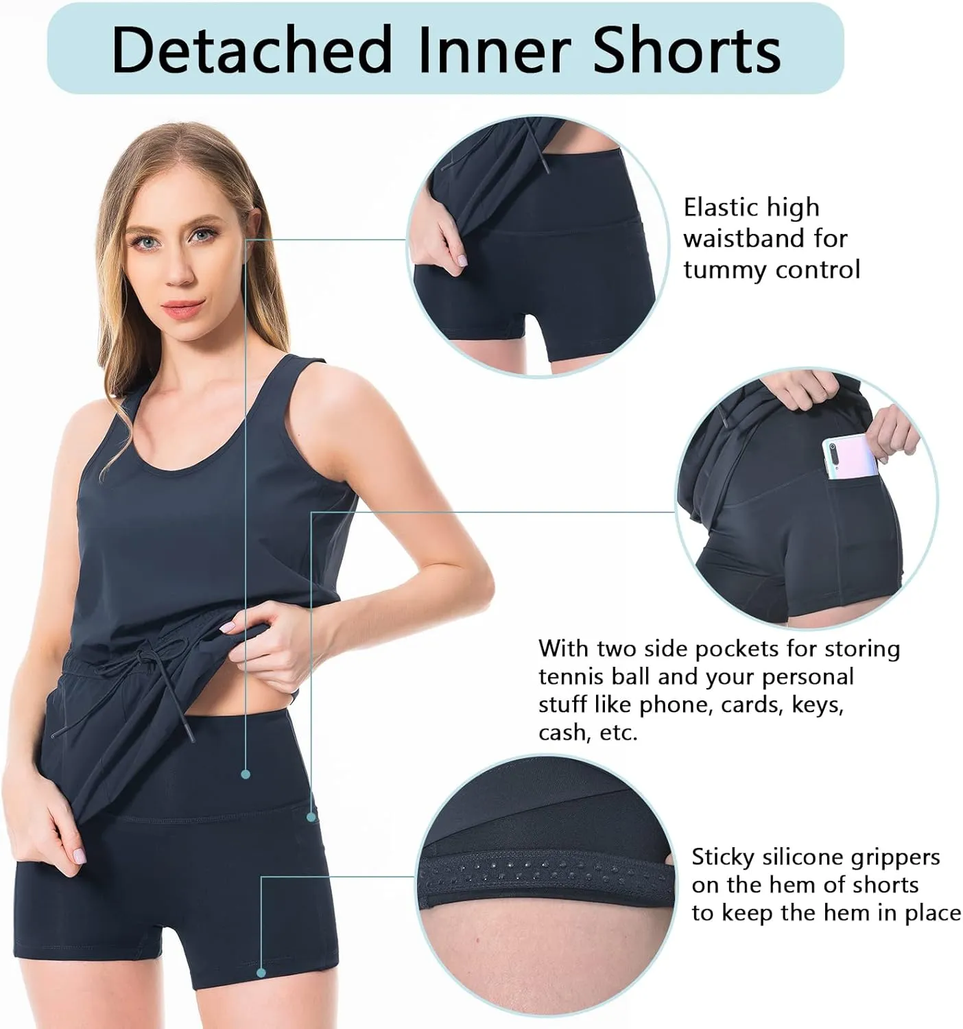 Lightbare Women’s UPF 50  Tank Dress with Pockets Detachable Shorts Drawstring Waist Quick Dry for Hiking Camping Outdoors