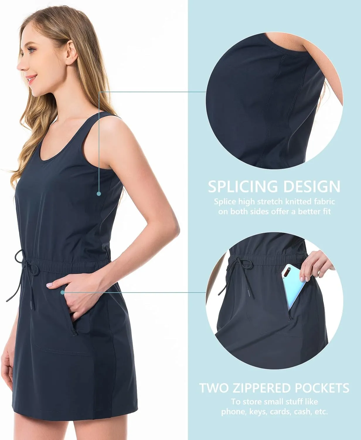 Lightbare Women’s UPF 50  Tank Dress with Pockets Detachable Shorts Drawstring Waist Quick Dry for Hiking Camping Outdoors
