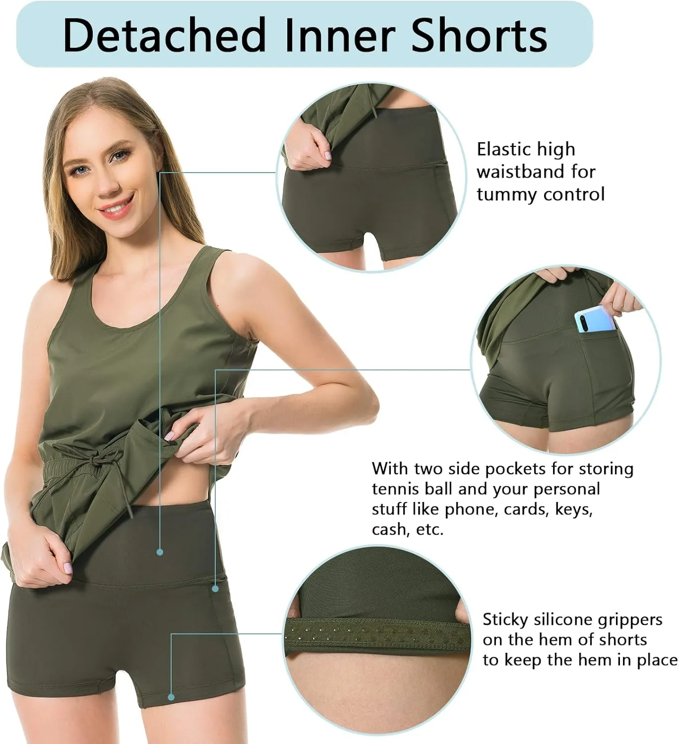 Lightbare Women’s UPF 50  Tank Dress with Pockets Detachable Shorts Drawstring Waist Quick Dry for Hiking Camping Outdoors