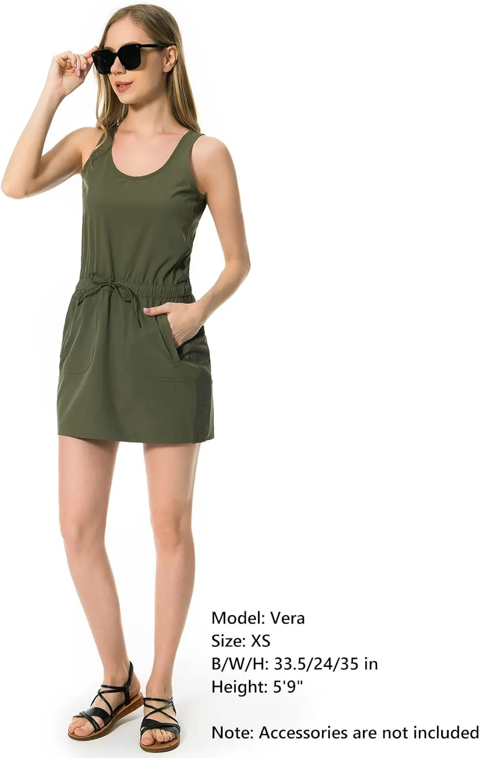Lightbare Women’s UPF 50  Tank Dress with Pockets Detachable Shorts Drawstring Waist Quick Dry for Hiking Camping Outdoors