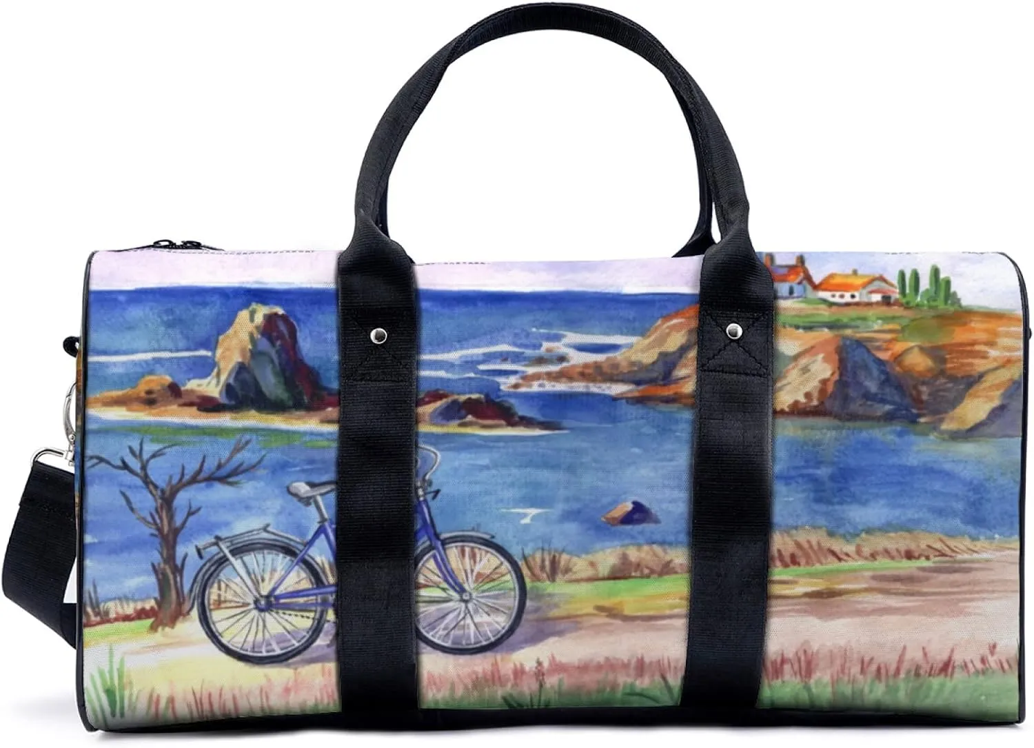 Lighthouses And Bicycle Motifs Travel Luggage Duffel Bag with Adjustable Strap Coast Sports Bag Lightweight Canvas Gym Tote Bag for Men and Women
