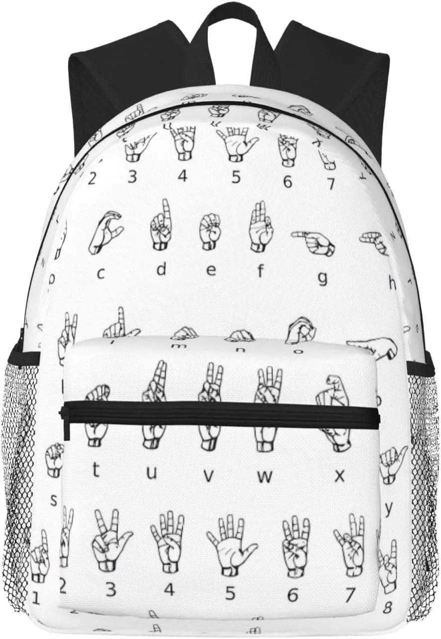 Lightweight Casual water resistanted Sign Language Alphabet. Print Backpack, Laptop Travel Daypack Backpack.