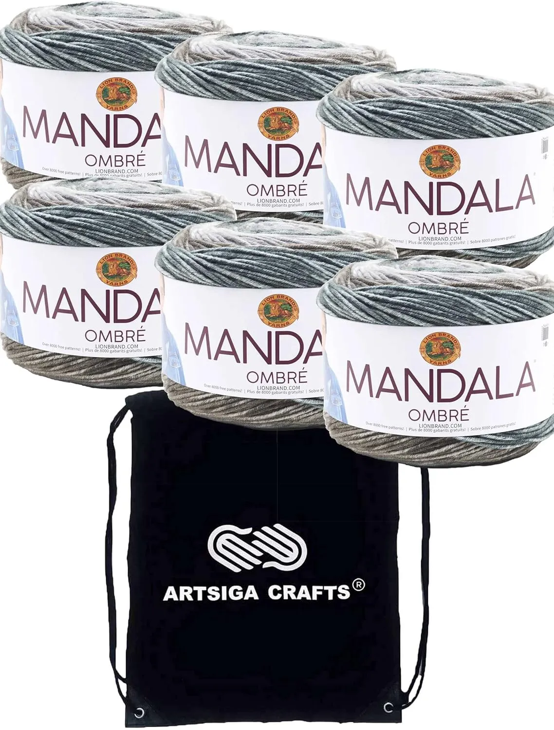Lion Brand Mandala Ombre Cool 551-201 (6-Skeins - Same Dye Lot) Worsted Medium #4 Acrylic Yarn for Crocheting and Knitting with Project Bag