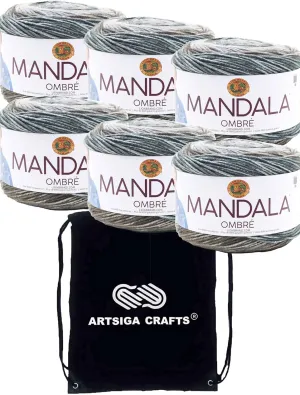 Lion Brand Mandala Ombre Cool 551-201 (6-Skeins - Same Dye Lot) Worsted Medium #4 Acrylic Yarn for Crocheting and Knitting with Project Bag