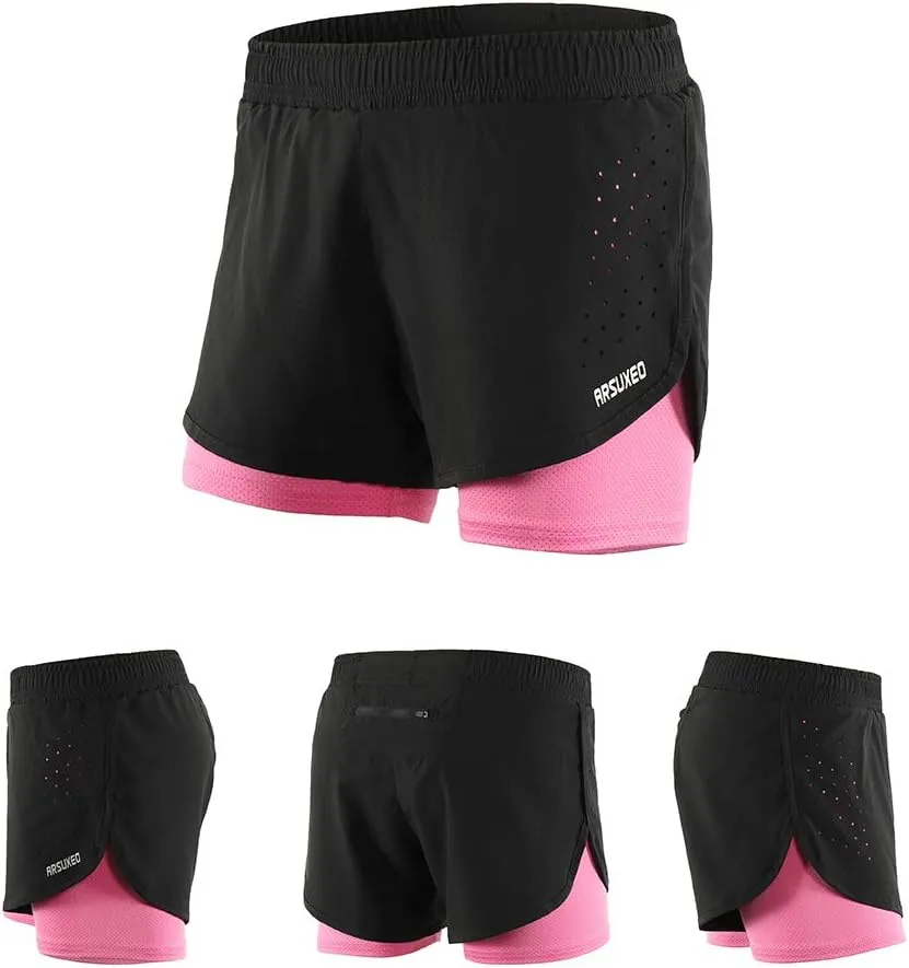 Lixada Women's Running Shorts 2-in-1 Double Layer Elastic Waistband Workout Fitness Active Yoga Jogging Athletic