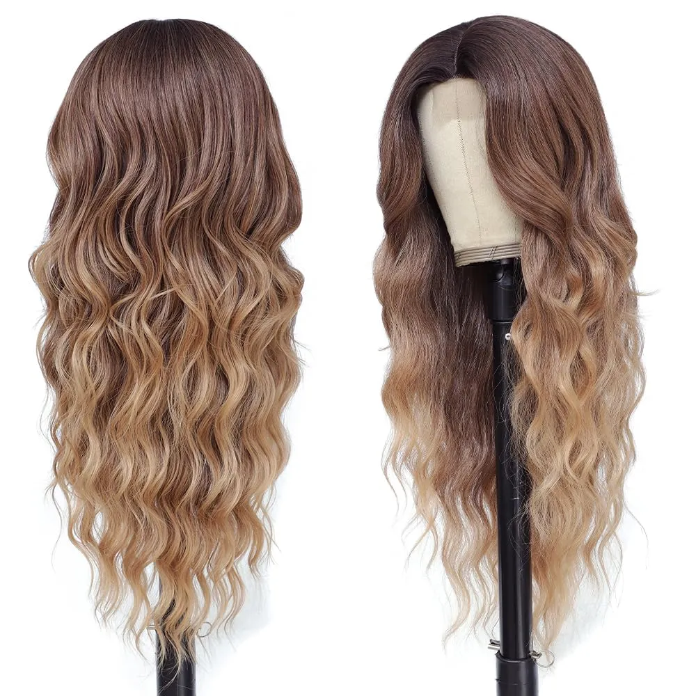 Long Brown Balayage Blonde Wigs for Women 26inch Wavy Curly Wig Natural Looking Middle Part Synthetic Heat Resistant Hair Replacement Wigs for Daily