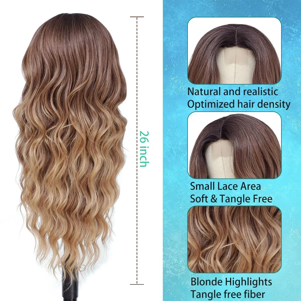 Long Brown Balayage Blonde Wigs for Women 26inch Wavy Curly Wig Natural Looking Middle Part Synthetic Heat Resistant Hair Replacement Wigs for Daily