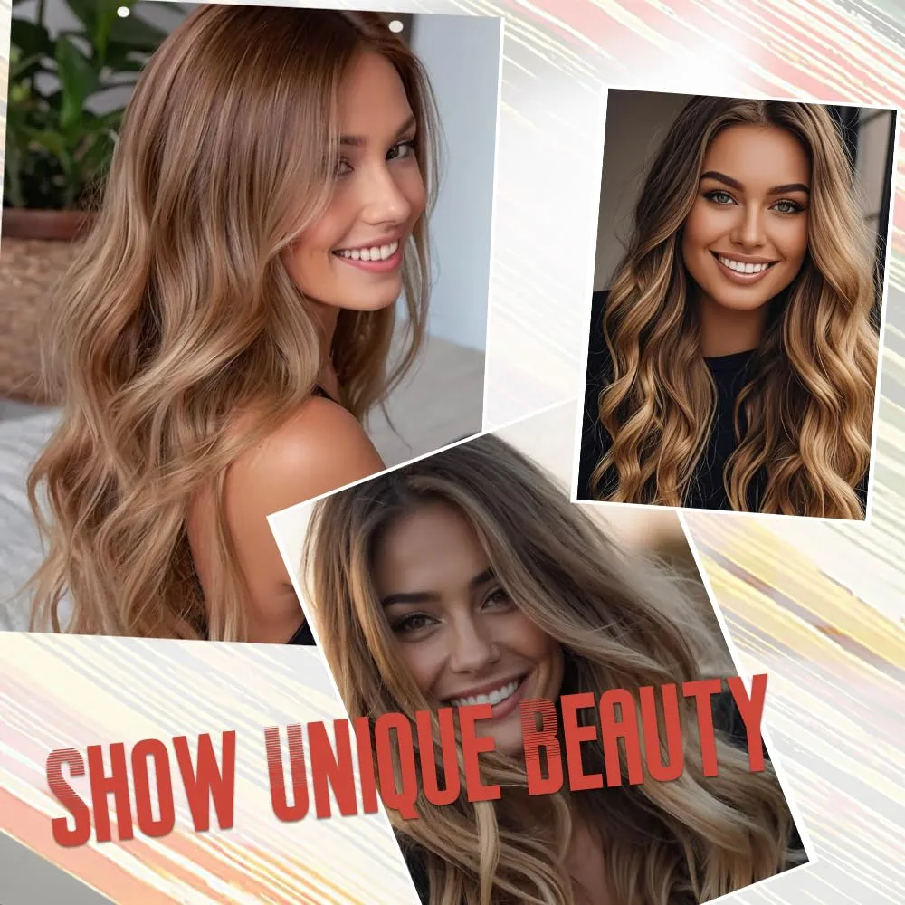 Long Brown Balayage Blonde Wigs for Women 26inch Wavy Curly Wig Natural Looking Middle Part Synthetic Heat Resistant Hair Replacement Wigs for Daily