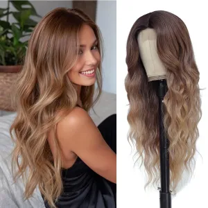 Long Brown Balayage Blonde Wigs for Women 26inch Wavy Curly Wig Natural Looking Middle Part Synthetic Heat Resistant Hair Replacement Wigs for Daily
