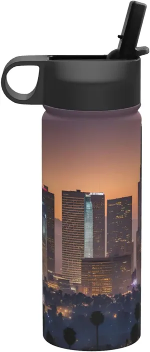 Los Angeles Skyline Print Flask Stainless Steel Water Bottle with Straw 18OZ FOR Outdoor Gym Commute