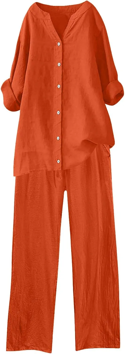 Lounge Sets for Women 2 Piece Outfits Long Sleeve Button Down Shirts & Straight Leg Pants Loose Casual Matching Sets