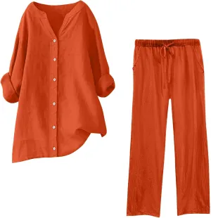 Lounge Sets for Women 2 Piece Outfits Long Sleeve Button Down Shirts & Straight Leg Pants Loose Casual Matching Sets