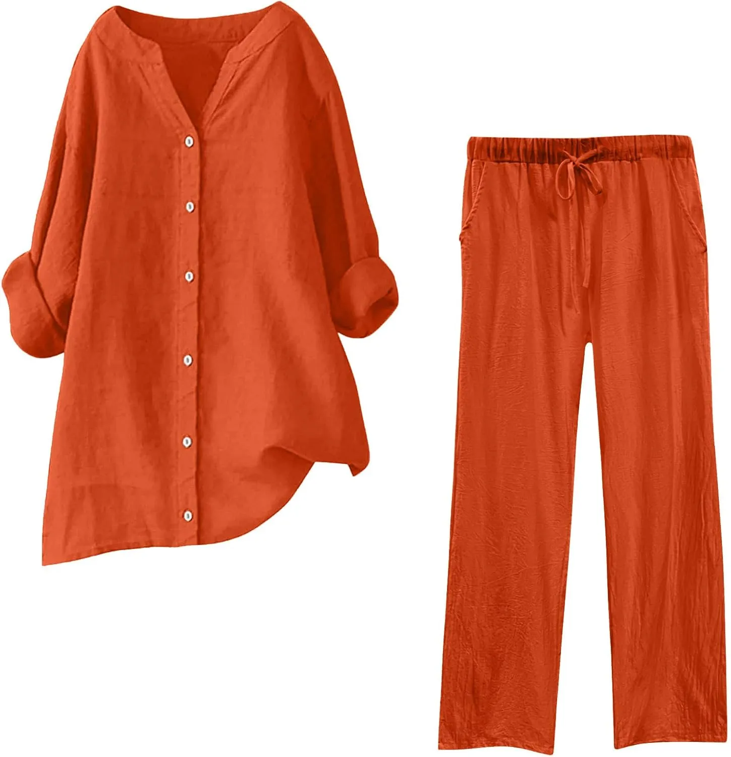 Lounge Sets for Women 2 Piece Outfits Long Sleeve Button Down Shirts & Straight Leg Pants Loose Casual Matching Sets