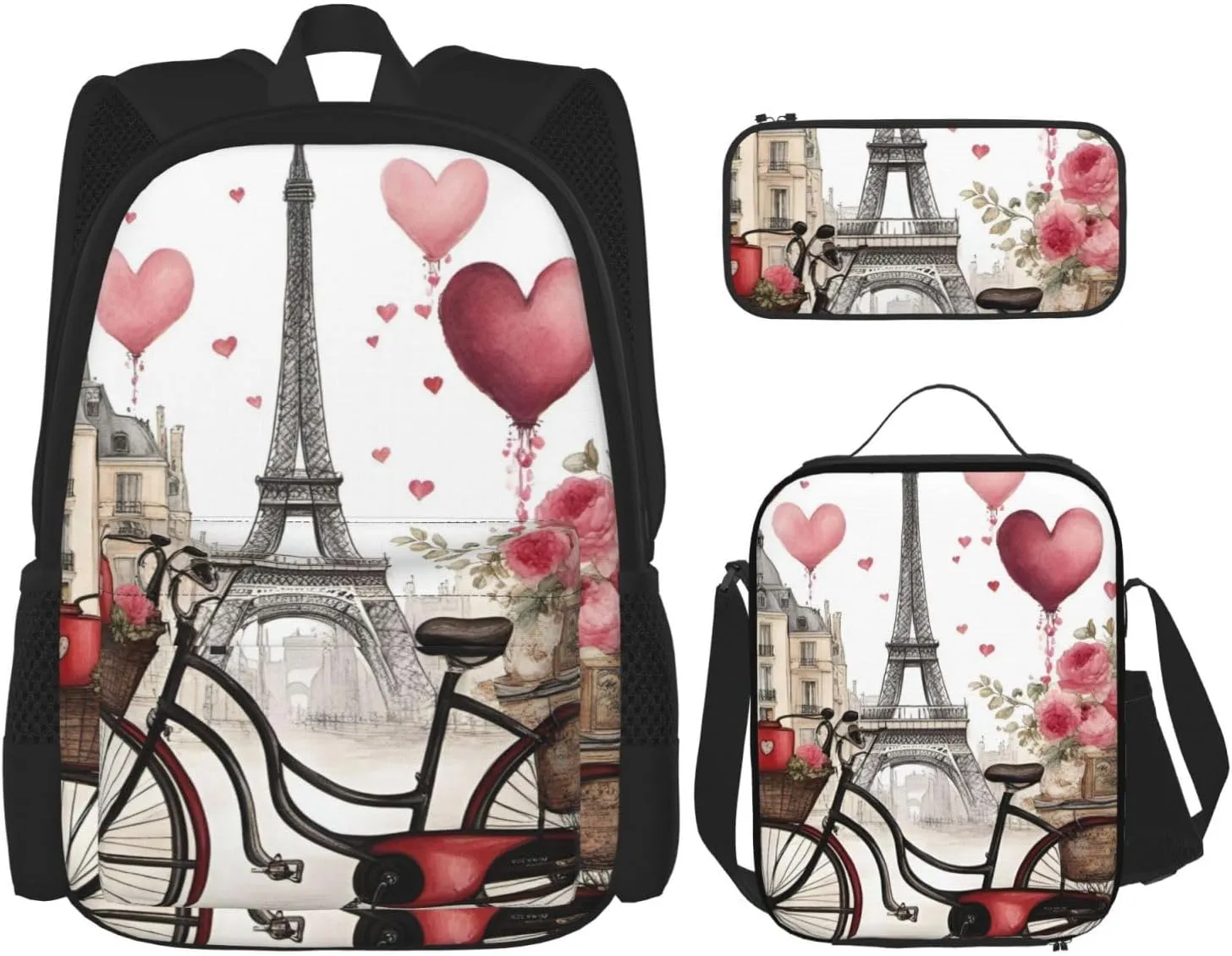 Love Paris Tower Coffee Wine Perfume Bicycle Heart Print Versatile Adjustable Shoulder Fashion Backpack Lunch Bag Pencil Case Large Capacity
