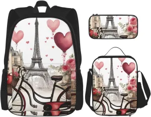 Love Paris Tower Coffee Wine Perfume Bicycle Heart Print Versatile Adjustable Shoulder Fashion Backpack Lunch Bag Pencil Case Large Capacity