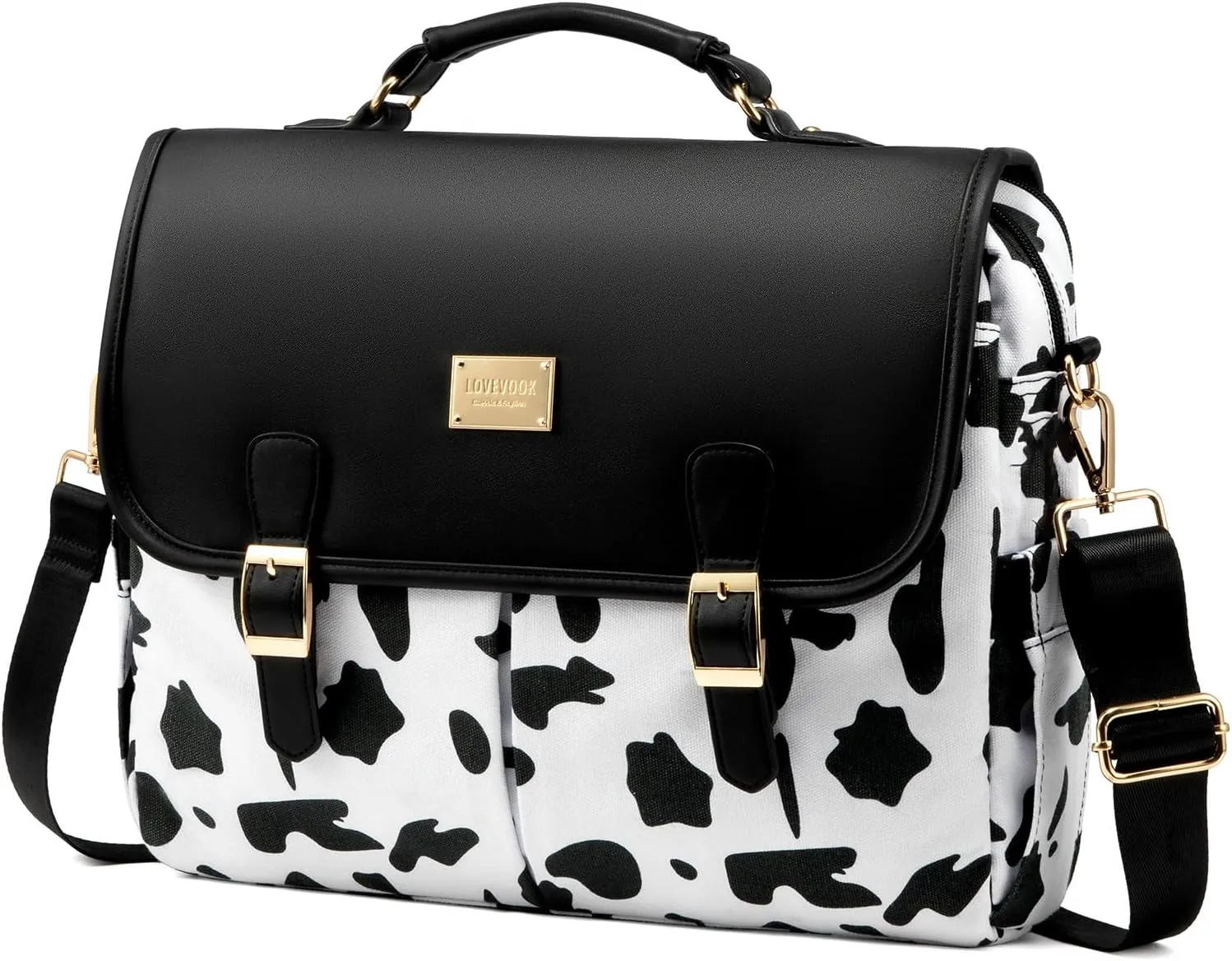 LOVEVOOK Laptop Bag for Women, Large Work Computer Bags fits 15.6inch Laptop, Teacher Briefcase Purse Business Messenger Bag, Black-Cow Print