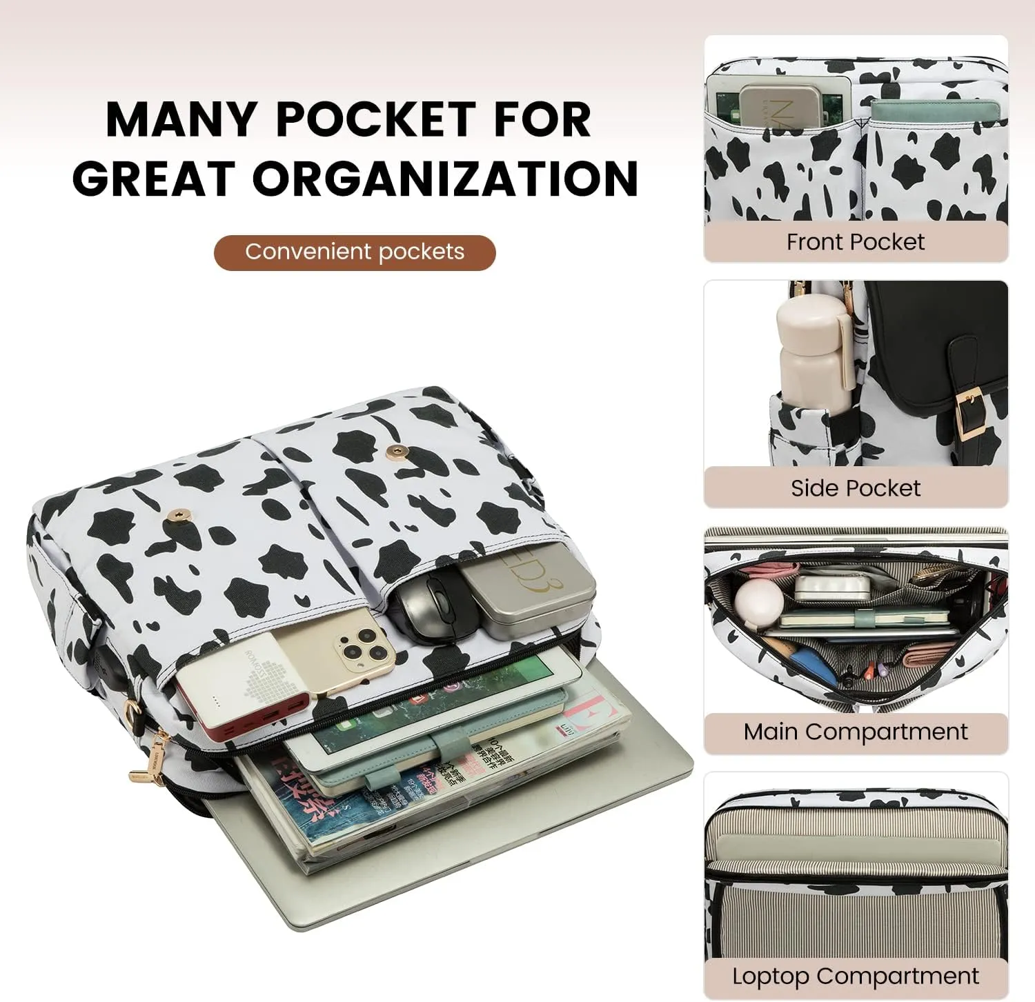 LOVEVOOK Laptop Bag for Women, Large Work Computer Bags fits 15.6inch Laptop, Teacher Briefcase Purse Business Messenger Bag, Black-Cow Print