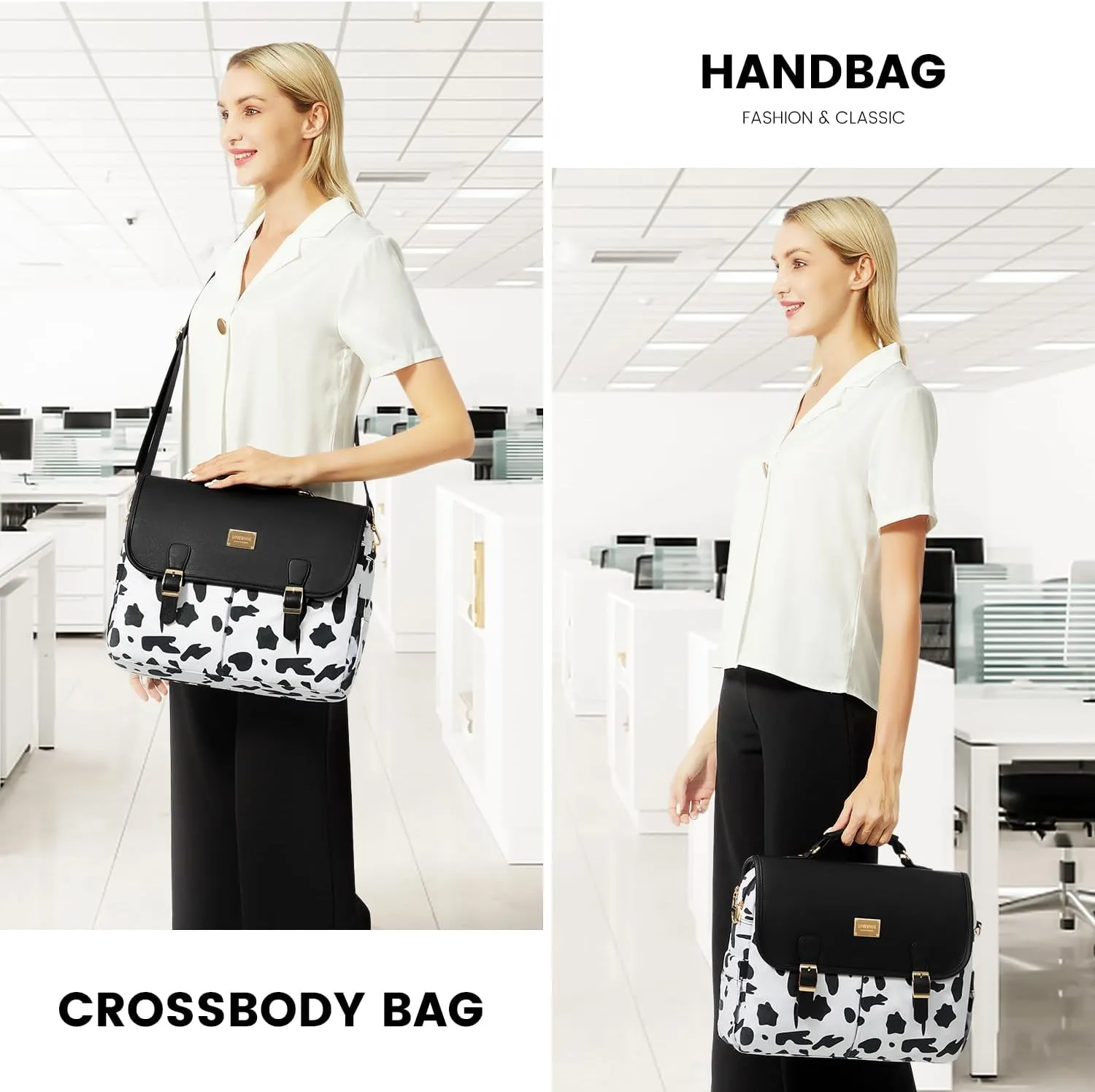 LOVEVOOK Laptop Bag for Women, Large Work Computer Bags fits 15.6inch Laptop, Teacher Briefcase Purse Business Messenger Bag, Black-Cow Print