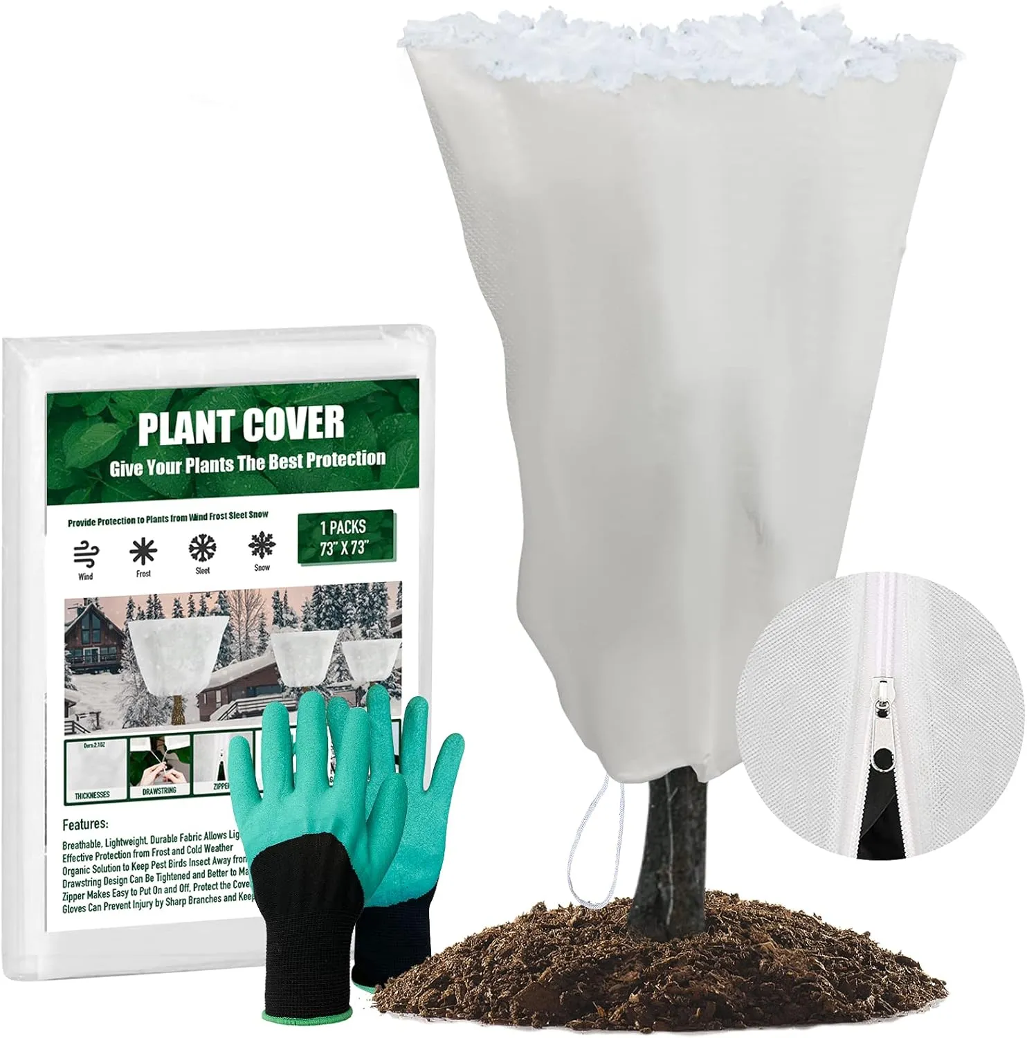 Lovinland Plant Covers Freeze Protection for Winter 73" x 73" 2.1oz Tree Frost Covers Drawstring Bags for Cold Weather Anti-Freeze Shrub Jacket Warm Blanket w/Zipper and Garden Gloves (2 Pack)