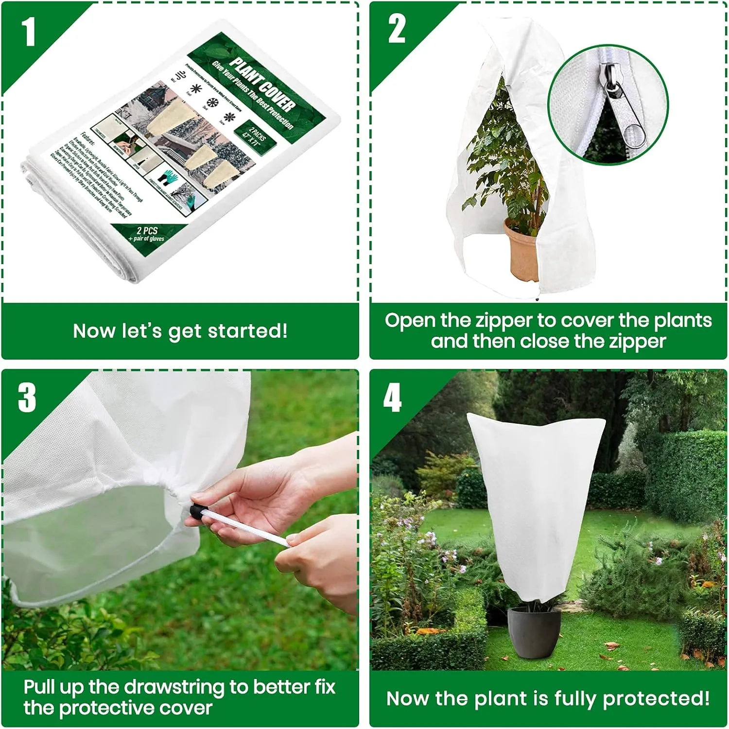 Lovinland Plant Covers Freeze Protection for Winter 73" x 73" 2.1oz Tree Frost Covers Drawstring Bags for Cold Weather Anti-Freeze Shrub Jacket Warm Blanket w/Zipper and Garden Gloves (2 Pack)