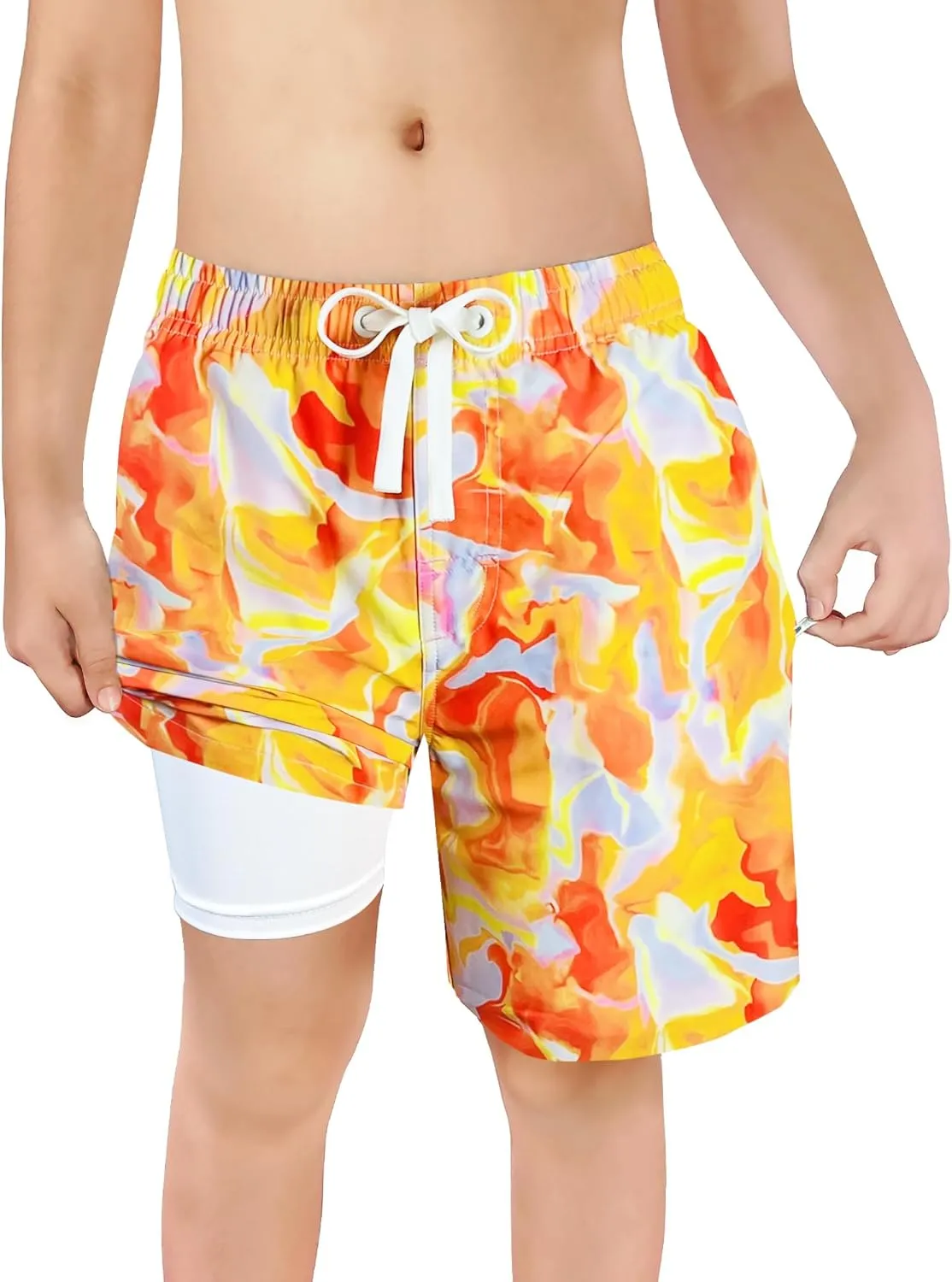LUCOWEE Boys Swim Trunks Zipper Pockets Compression Liner Anti Chafe Swimsuit Bathing Beach Shorts Surf Quick Dry UPF 50 