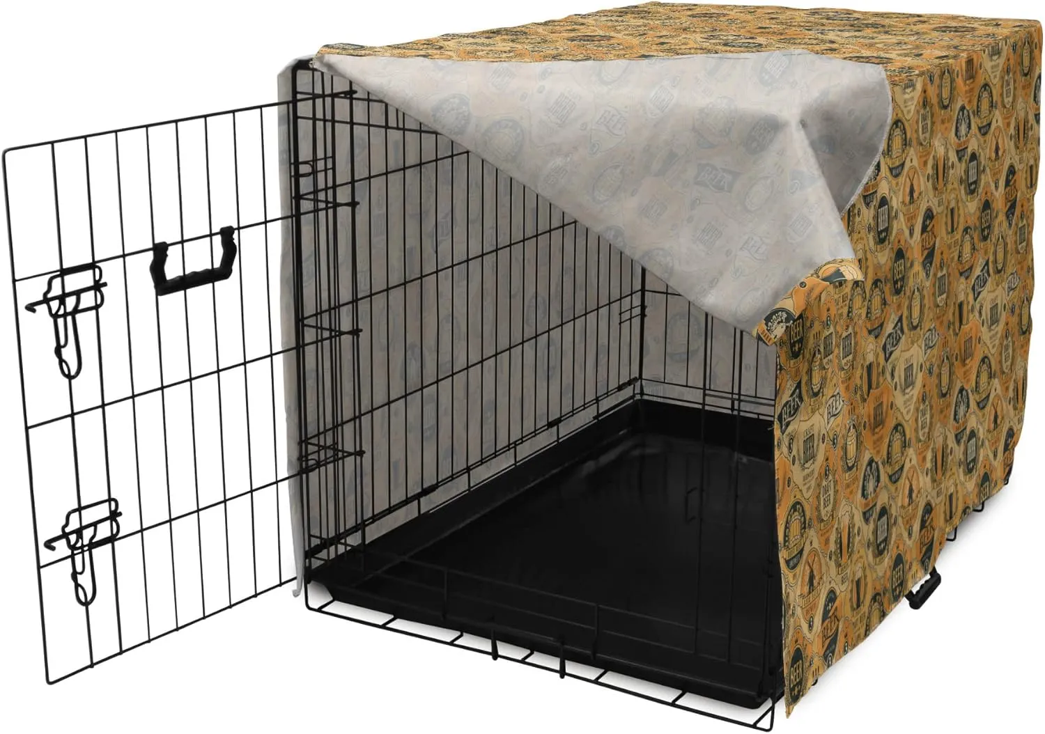 Lunarable Drinks Dog Crate Cover, Beer Barrels and Labels in Retro Tones Brewery Cask Beverage Graphic, Easy to Use Pet Kennel Cover for Cats & Medium Dogs, 24 Inch, Pale Orange Dark Blue Grey