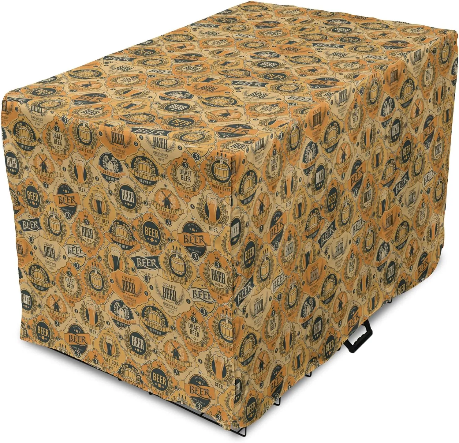 Lunarable Drinks Dog Crate Cover, Beer Barrels and Labels in Retro Tones Brewery Cask Beverage Graphic, Easy to Use Pet Kennel Cover for Cats & Medium Dogs, 24 Inch, Pale Orange Dark Blue Grey