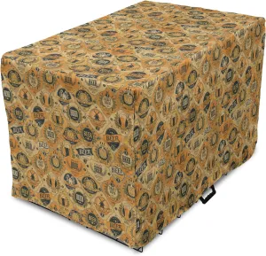 Lunarable Drinks Dog Crate Cover, Beer Barrels and Labels in Retro Tones Brewery Cask Beverage Graphic, Easy to Use Pet Kennel Cover for Cats & Medium Dogs, 24 Inch, Pale Orange Dark Blue Grey
