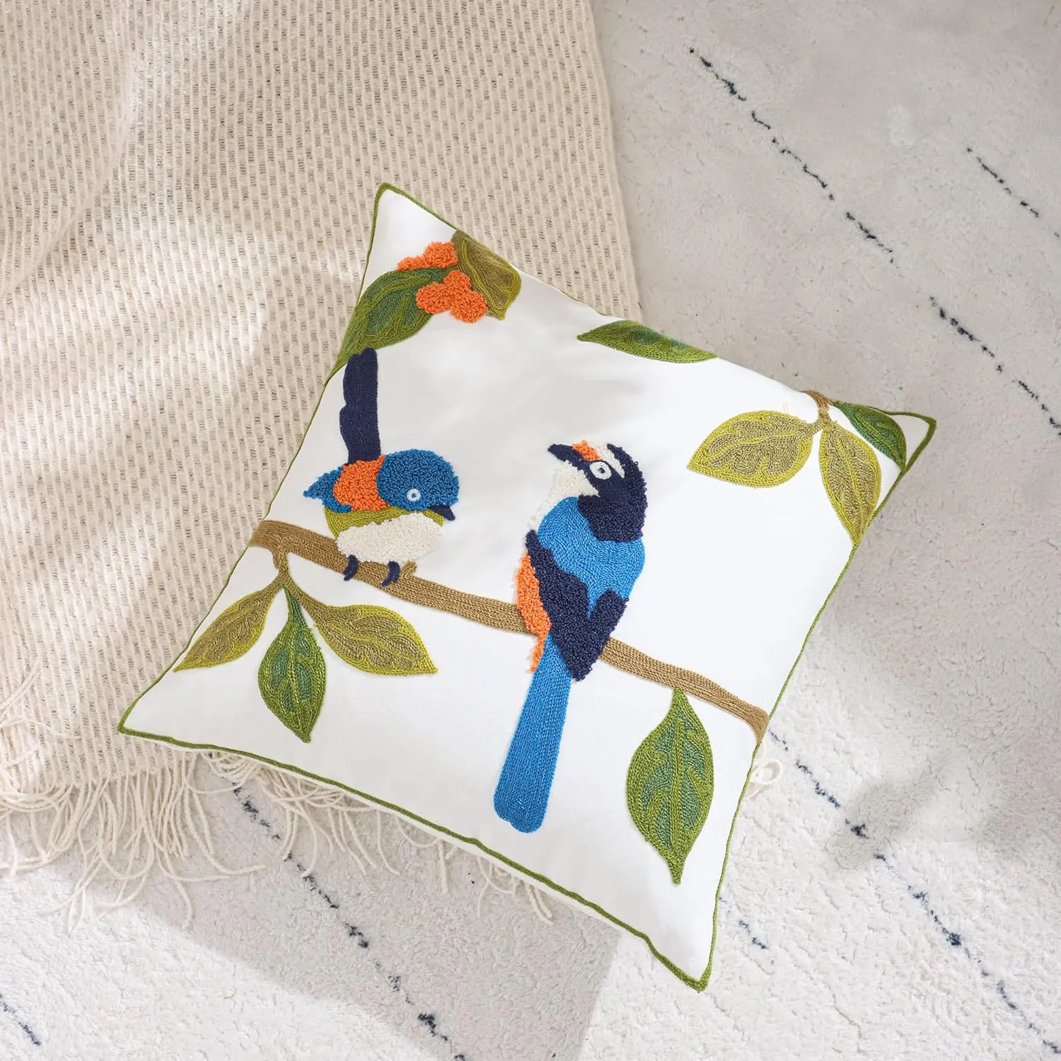 LUOYEHK Embroidered Throw Pillow Covers 18x18 Inch Pack of 2 Spring Farmhouse Leaves Pillowcase Square Canvas Cushion Cover for Couch Sofa Bed Living Room (Blue Bird)