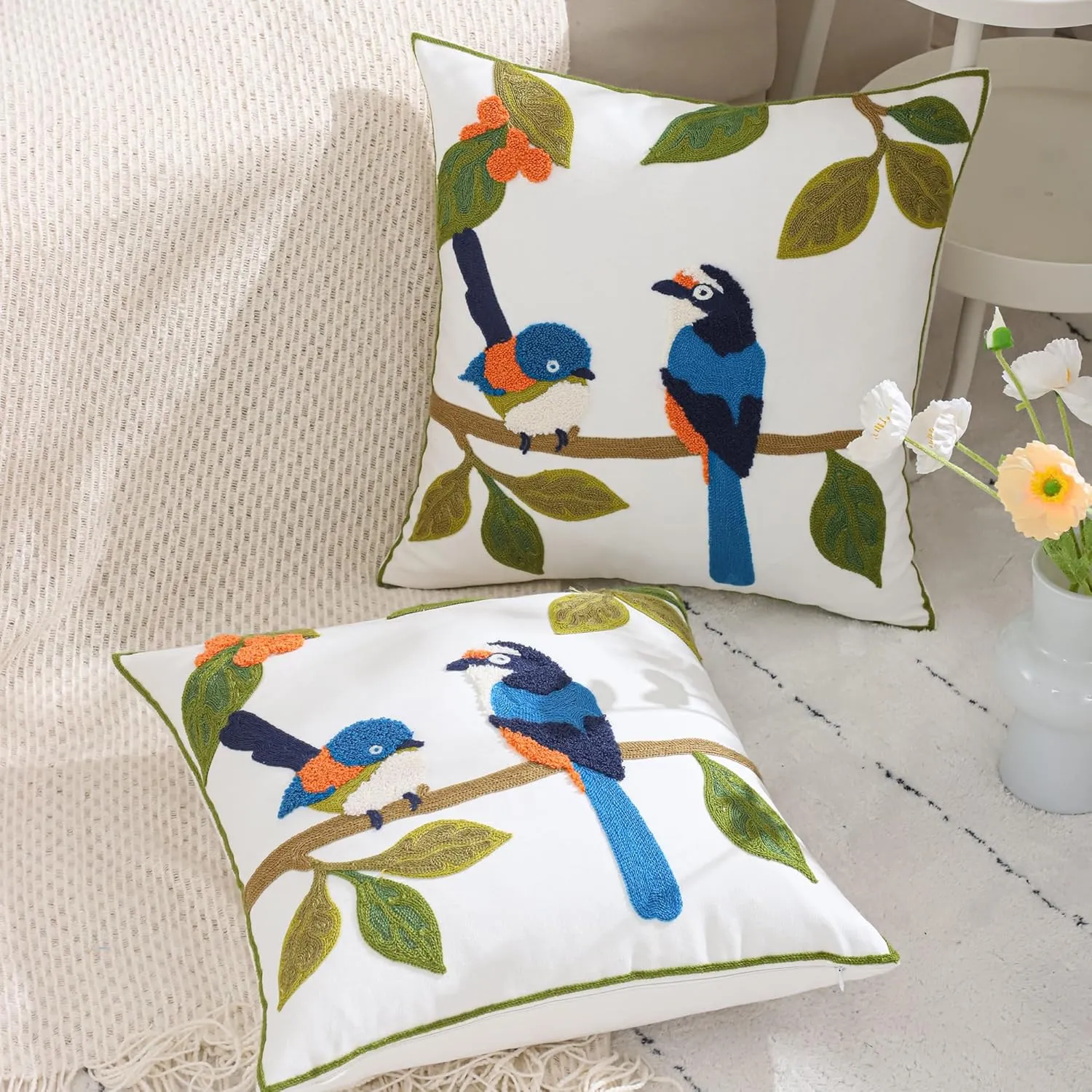 LUOYEHK Embroidered Throw Pillow Covers 18x18 Inch Pack of 2 Spring Farmhouse Leaves Pillowcase Square Canvas Cushion Cover for Couch Sofa Bed Living Room (Blue Bird)