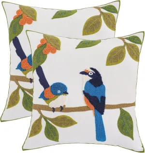 LUOYEHK Embroidered Throw Pillow Covers 18x18 Inch Pack of 2 Spring Farmhouse Leaves Pillowcase Square Canvas Cushion Cover for Couch Sofa Bed Living Room (Blue Bird)