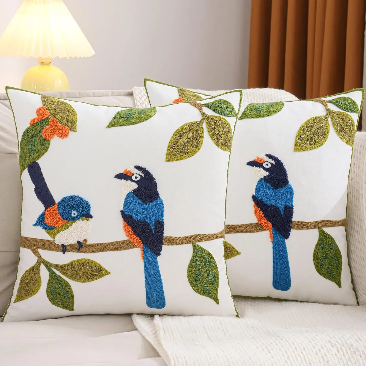 LUOYEHK Embroidered Throw Pillow Covers 18x18 Inch Pack of 2 Spring Farmhouse Leaves Pillowcase Square Canvas Cushion Cover for Couch Sofa Bed Living Room (Blue Bird)