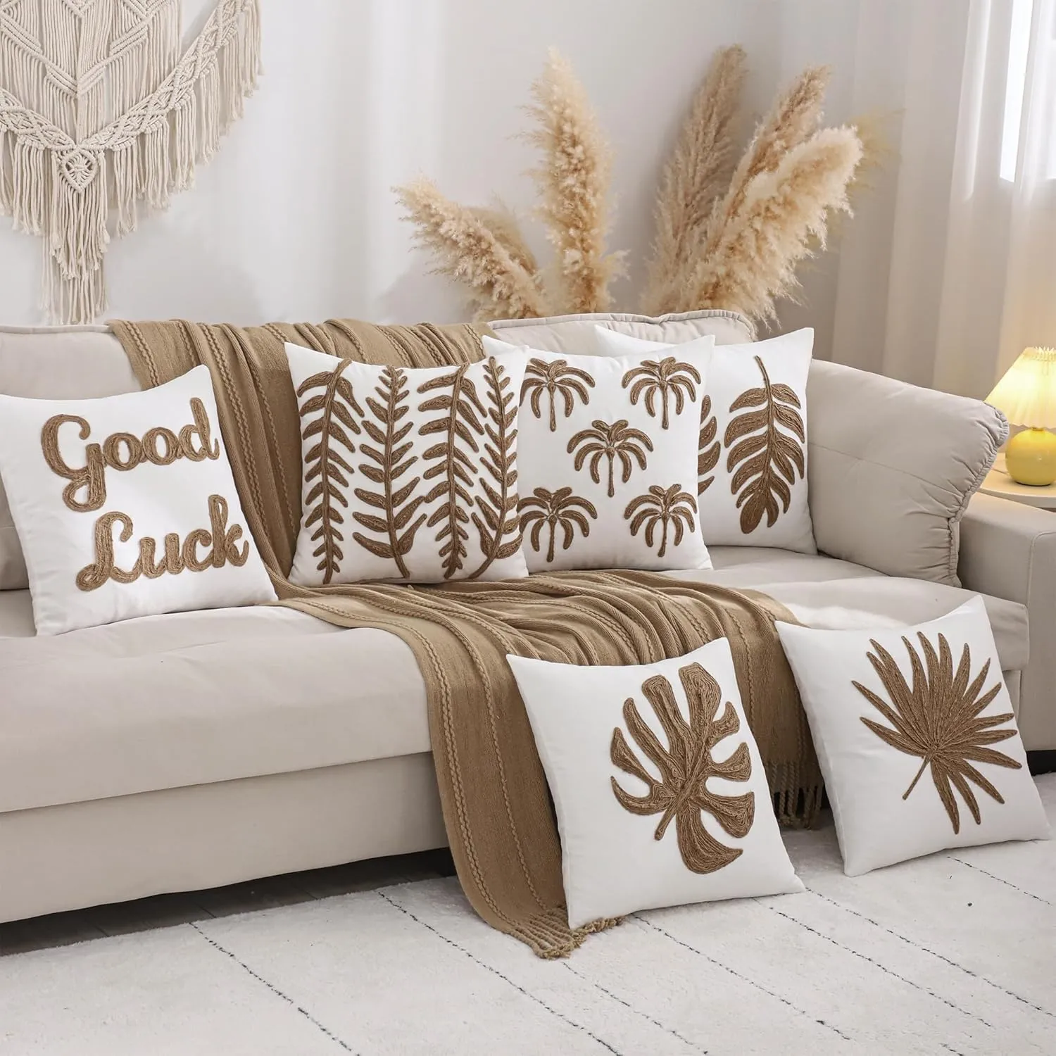LUOYEHK Rope Embroidered Throw Pillow Covers 18x18 Inch Pack of 2 Five Palm Trees Decorative Pillow Cases Hemp Rope Canvas Cushion Covers for Couch Sofa Bed Living Room