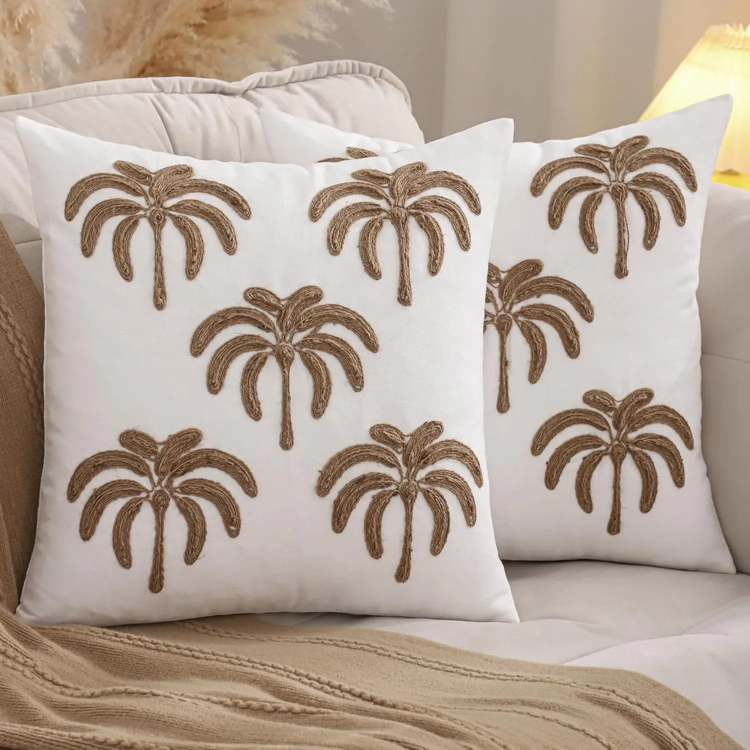 LUOYEHK Rope Embroidered Throw Pillow Covers 18x18 Inch Pack of 2 Five Palm Trees Decorative Pillow Cases Hemp Rope Canvas Cushion Covers for Couch Sofa Bed Living Room