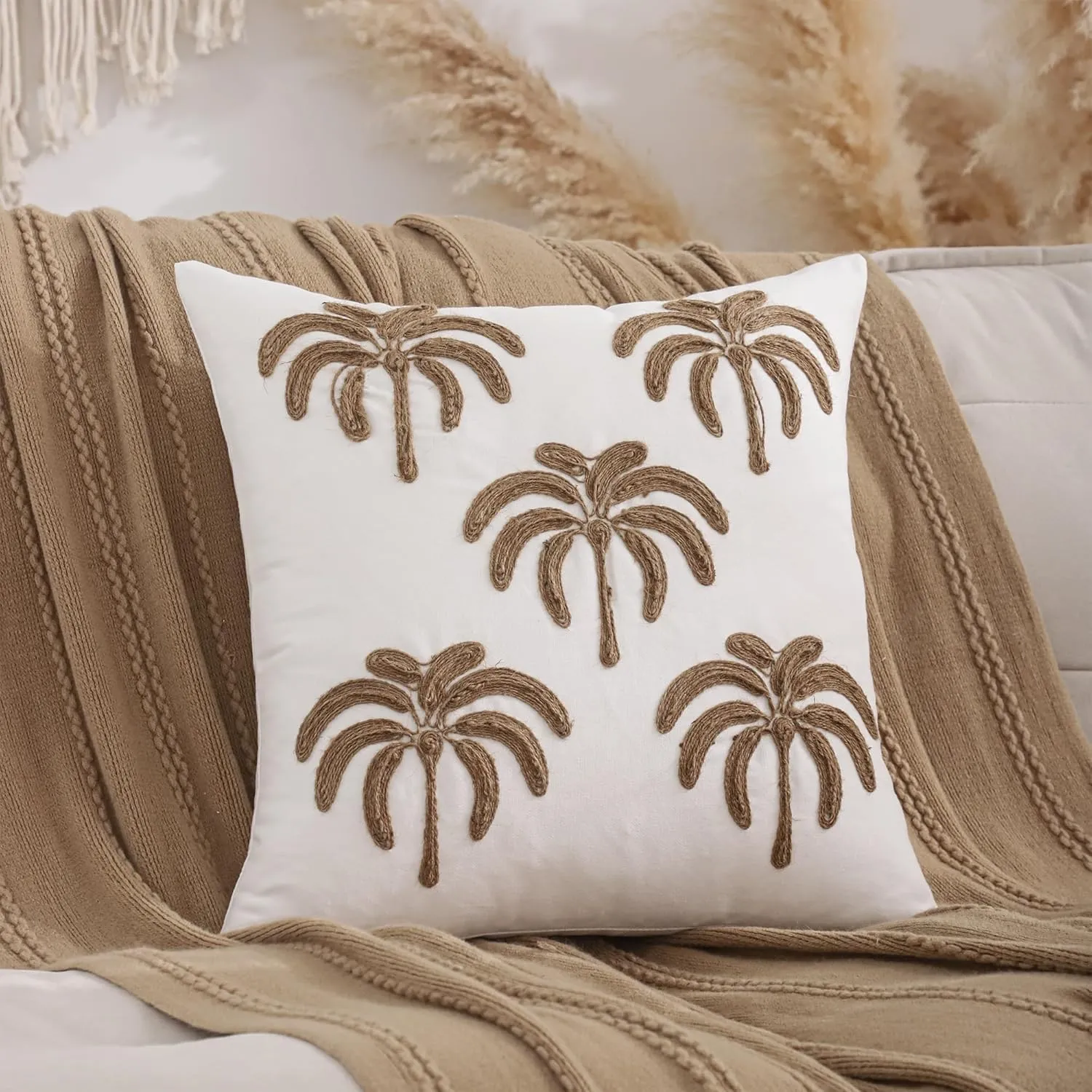 LUOYEHK Rope Embroidered Throw Pillow Covers 18x18 Inch Pack of 2 Five Palm Trees Decorative Pillow Cases Hemp Rope Canvas Cushion Covers for Couch Sofa Bed Living Room