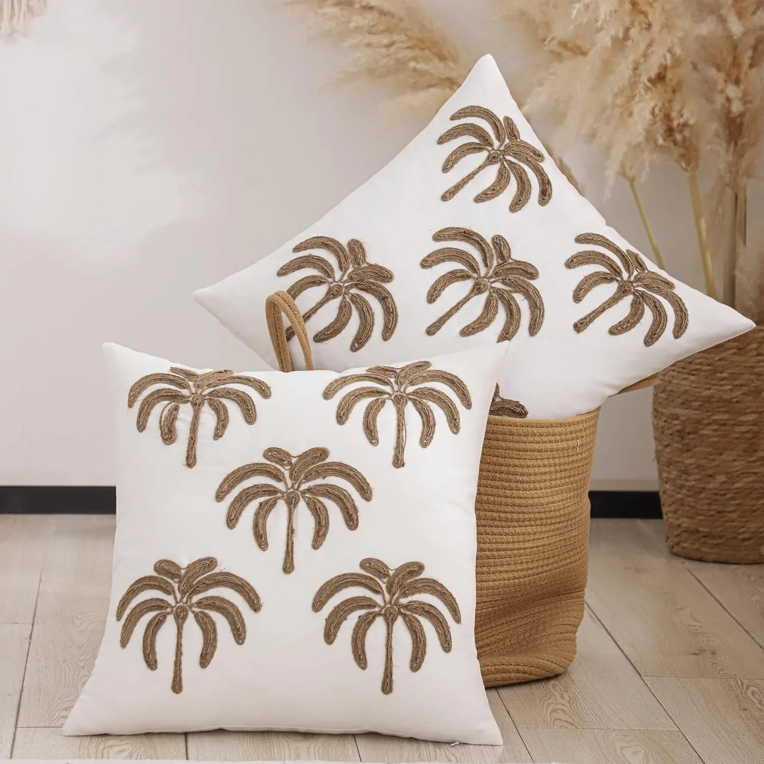 LUOYEHK Rope Embroidered Throw Pillow Covers 18x18 Inch Pack of 2 Five Palm Trees Decorative Pillow Cases Hemp Rope Canvas Cushion Covers for Couch Sofa Bed Living Room