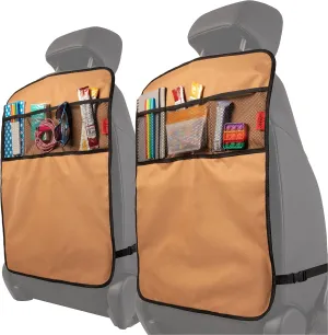 Lusso Gear Heavy Duty Kick Mats (2 Pk) - Back Seat Protector, Sag Proof, Waterproof, Car Back Seat Cover for Kids Who Make Big Messes, 3 Reinforced Storage Pockets, Premium Oxford Fabric (Tan)