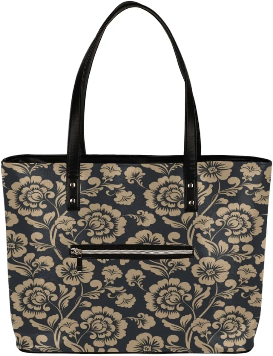 Luxury Retro Floral Tote Bag Women Shoulder Handbags PU Leather Everyday Bag with External Pocket Large Capacity Aesthetic Corduroy Tote Bag for Travel Work Party