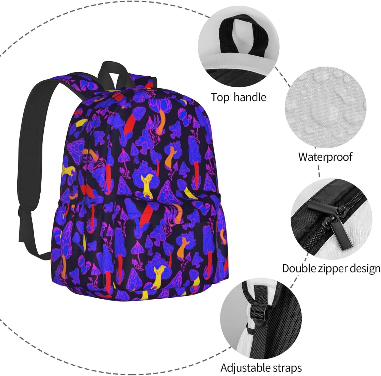 Magic Mushrooms Laptop Commuter Backpack Shoulder Bag Casual Back Pack Daypack Bags With Side Pockets For Work Travel Daily Use