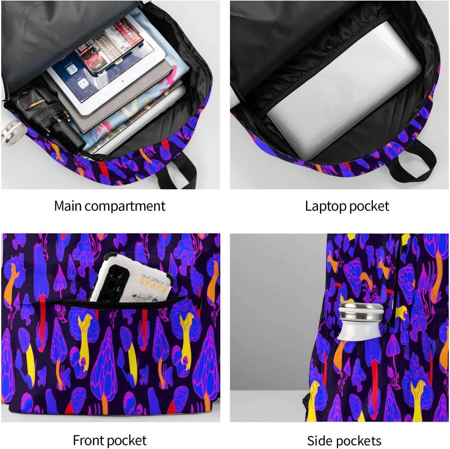Magic Mushrooms Laptop Commuter Backpack Shoulder Bag Casual Back Pack Daypack Bags With Side Pockets For Work Travel Daily Use