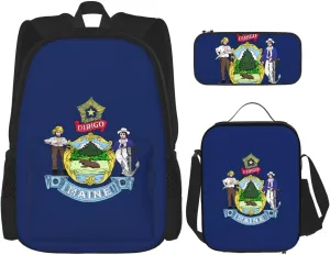 Maine State Flag Print Aesthetic Travel Backpack For Women 3-Piece Set,For Daily Use And Outdoor Activities