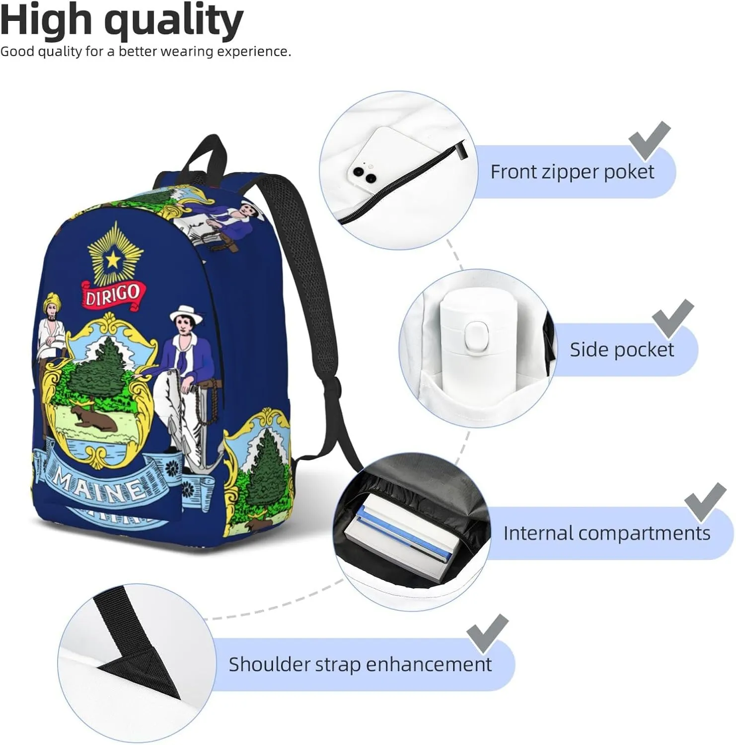 Maine State Flag Print Canvas Backpack,For Laptops Up To 17in,Stylish And Lightweight With Adjustable Straps