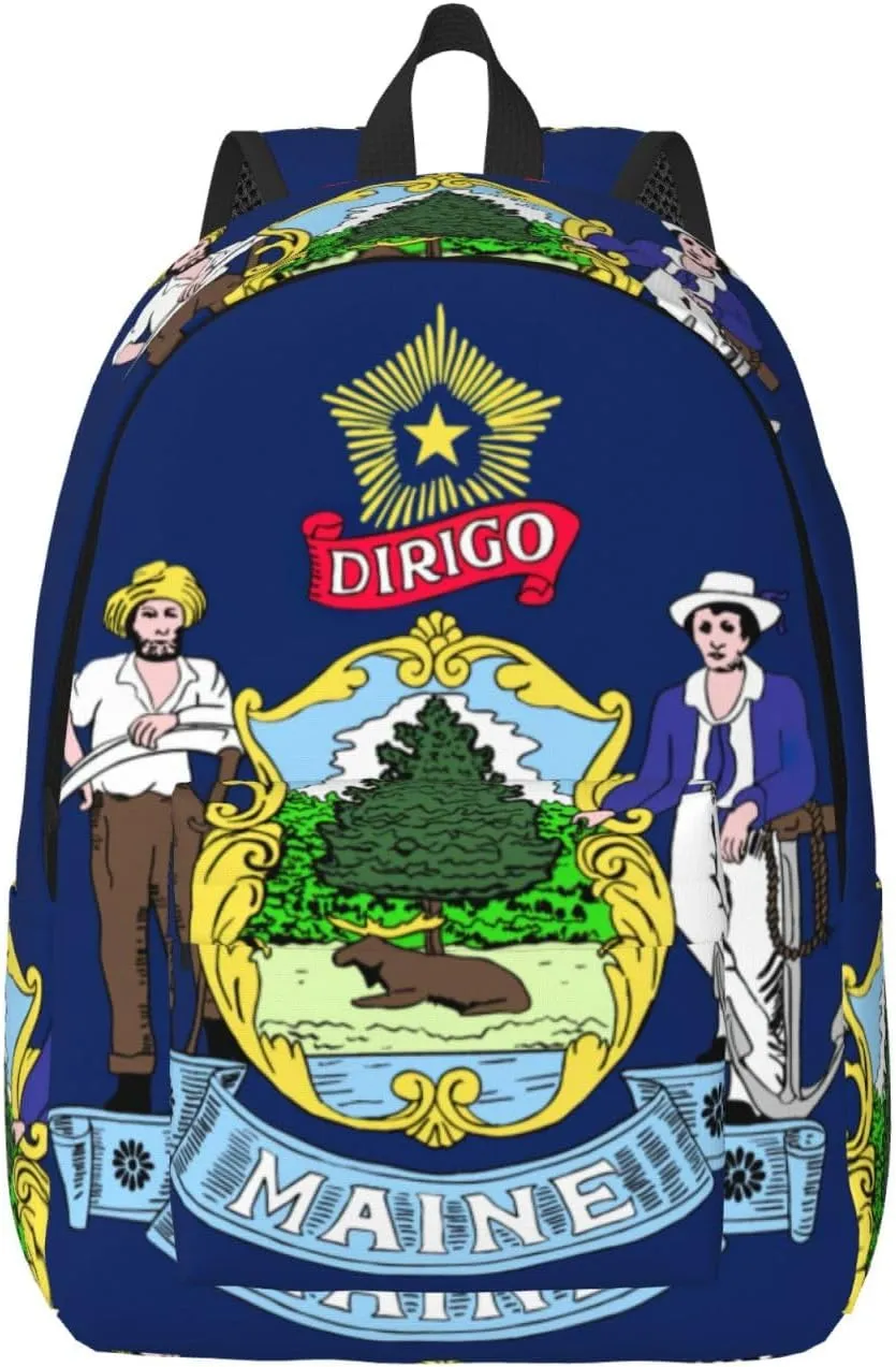 Maine State Flag Print Canvas Backpack,For Laptops Up To 17in,Stylish And Lightweight With Adjustable Straps