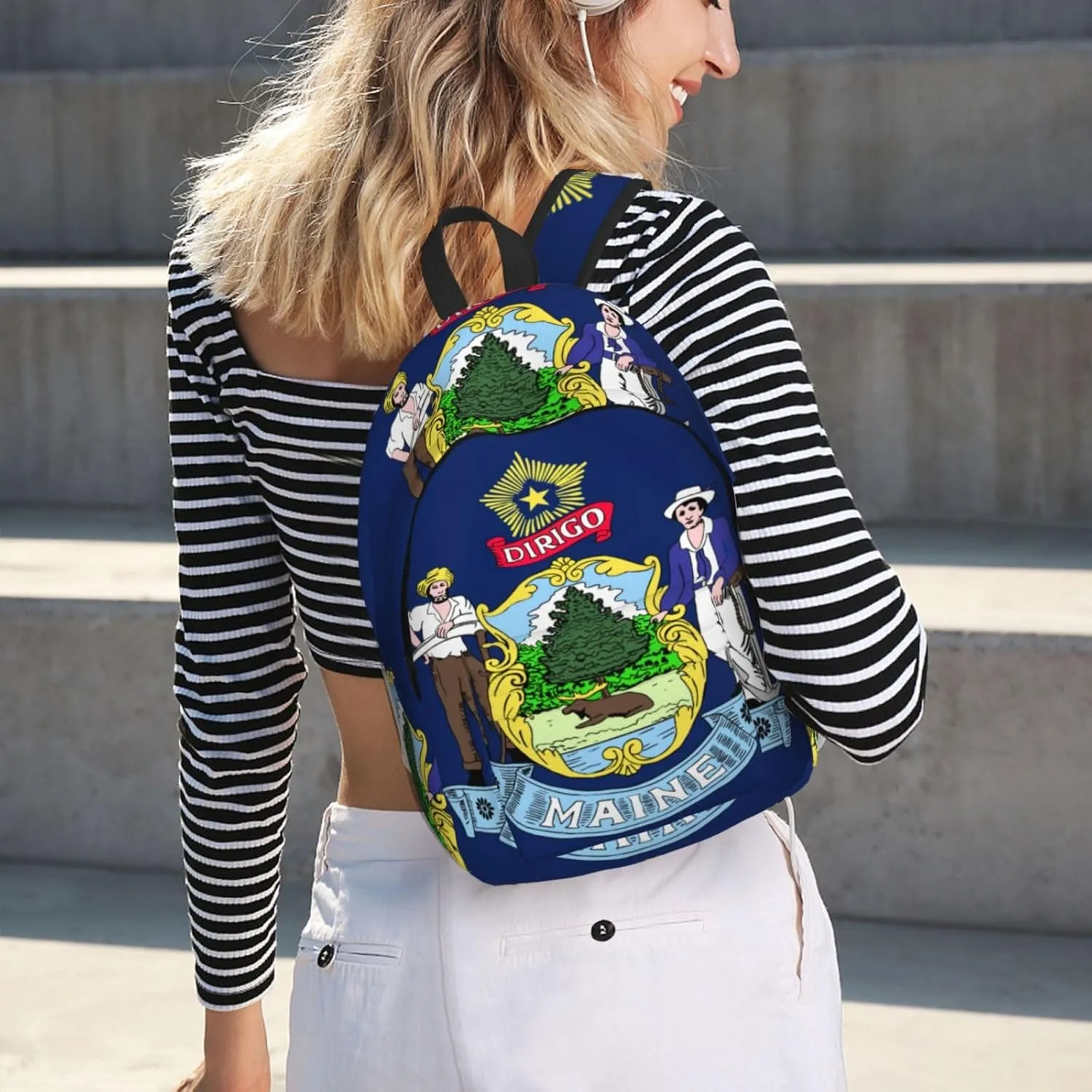 Maine State Flag Print Canvas Backpack,For Laptops Up To 17in,Stylish And Lightweight With Adjustable Straps