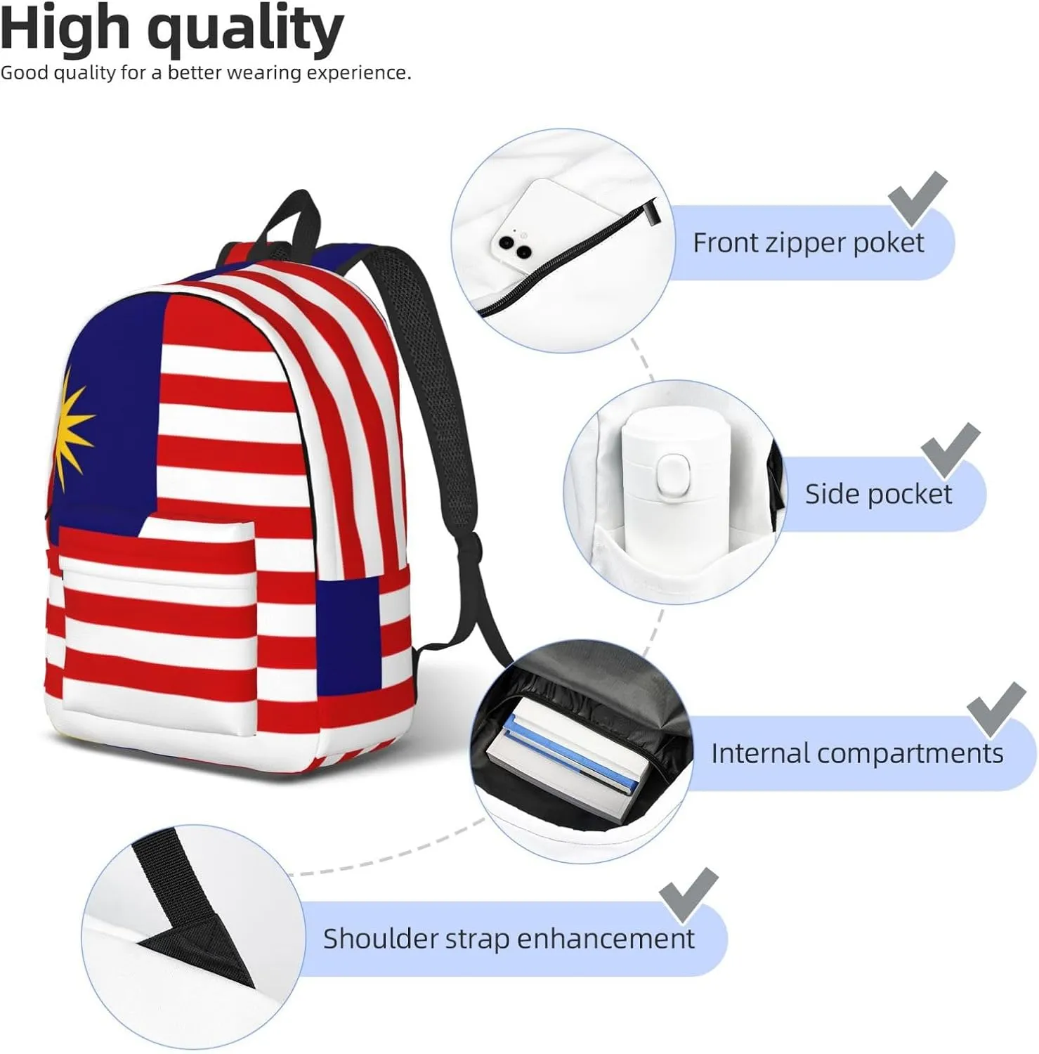 Malaysia Flag Print Laptop Backpack For Women Travel Canvas Bookbag For Men Outdoor Fashion Casual Daypack, Medium, SB-122
