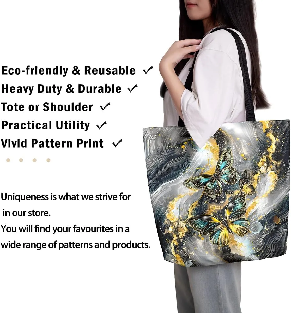 Marble Canvas Tote Bag,Butterfly Duffle Bag,Marbling Abstract Ombre Ink Fluid Art Handbag