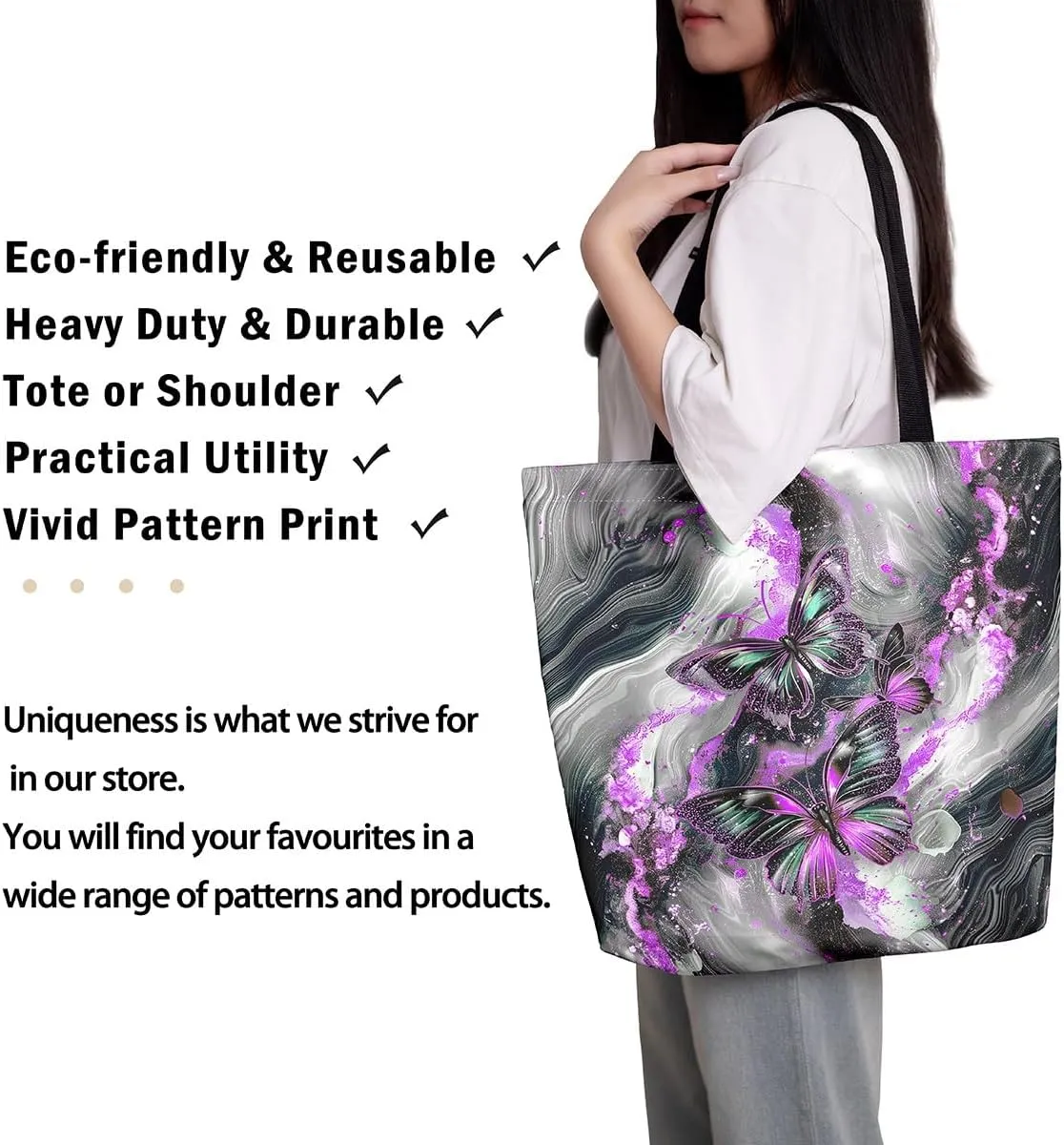 Marble Canvas Tote Bag,Butterfly Duffle Bag,Marbling Abstract Ombre Ink Fluid Art Handbag
