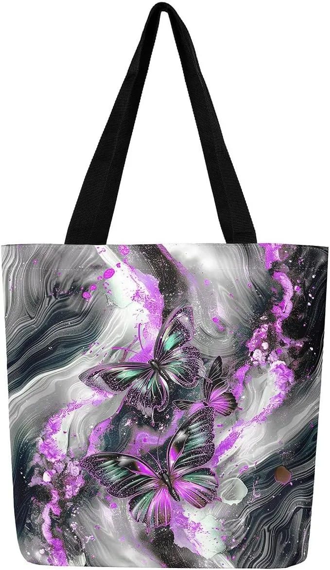 Marble Canvas Tote Bag,Butterfly Duffle Bag,Marbling Abstract Ombre Ink Fluid Art Handbag